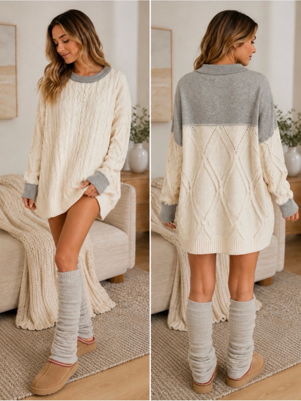 Free People Cream and Gray Olympia Tunic Sweater Size Small
